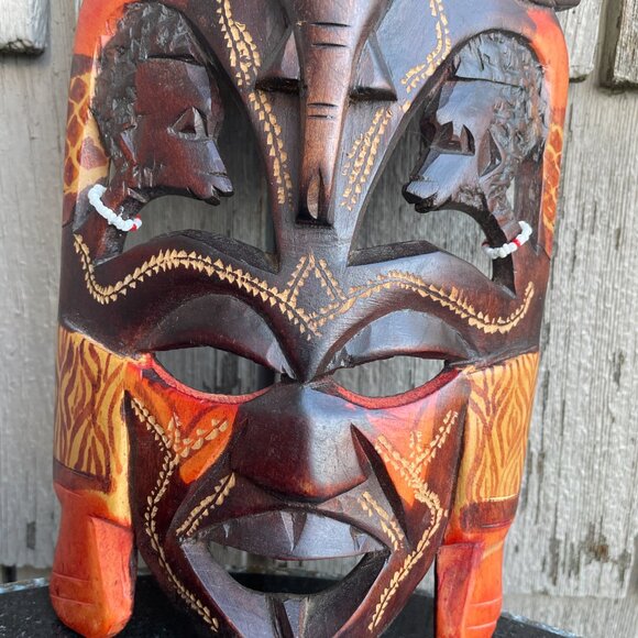 African Kenyan Tribal Multiple Face Mask with Elephant Hand Carved Wooden - Picture 5 of 6